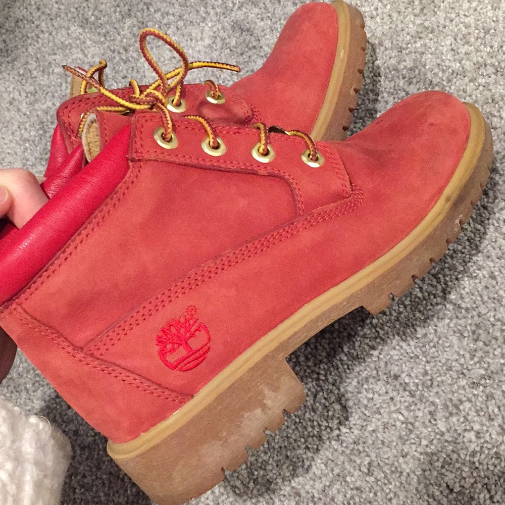 Custom Red Timberlands Women’s size 7.5